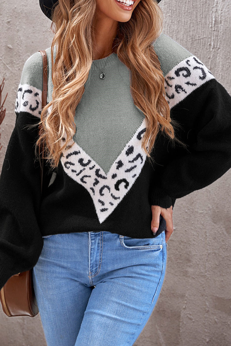 Black Colorblock Chevron Leopard Pullover Sweater