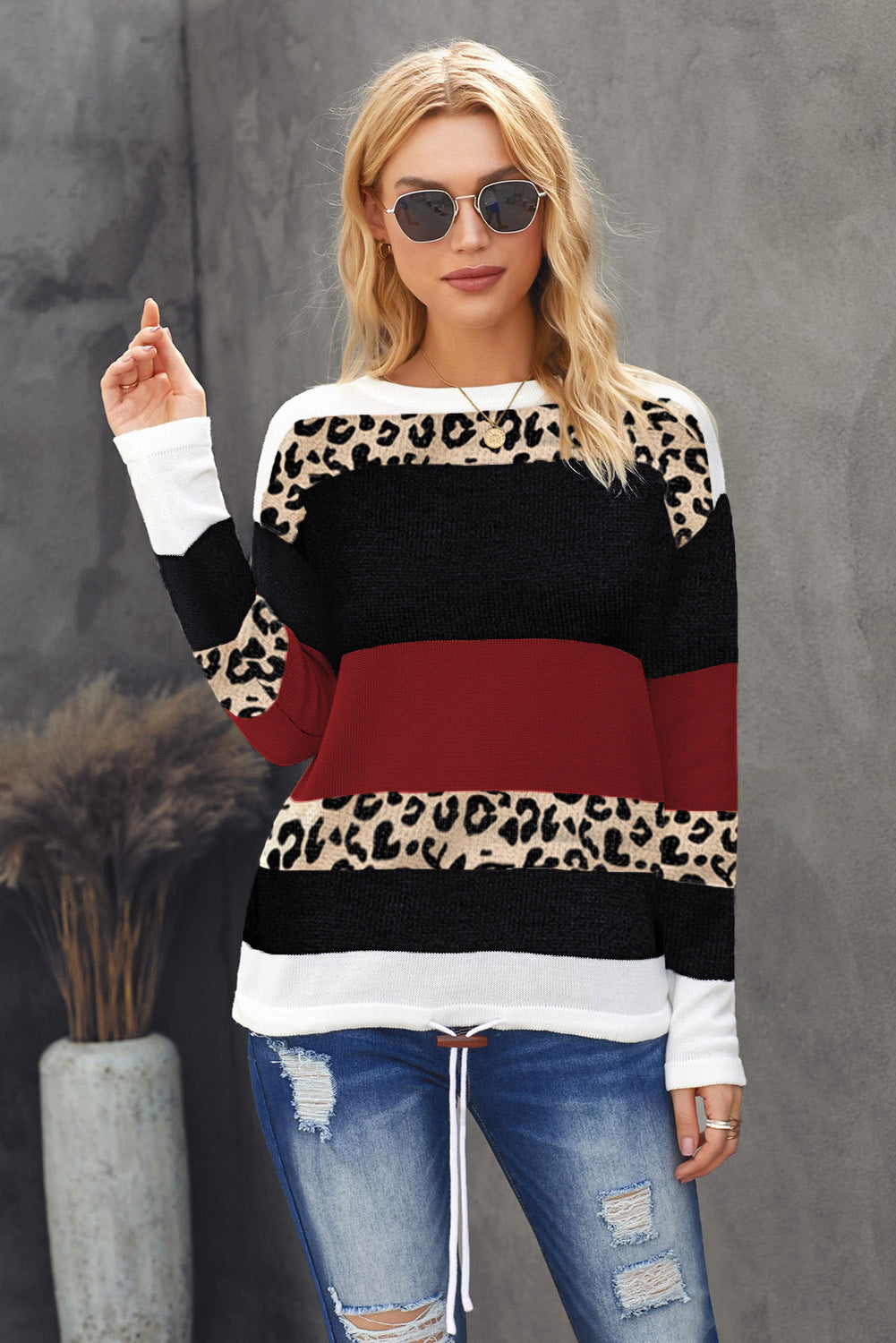 Wine Color Block Sweater