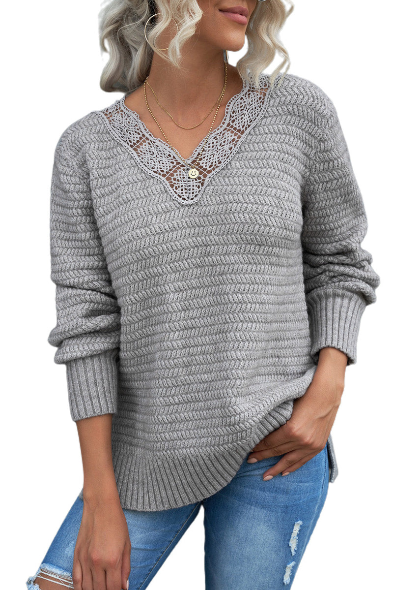 Chic Gray Lace Scalloped V-Neck Side Split Loose Sweater