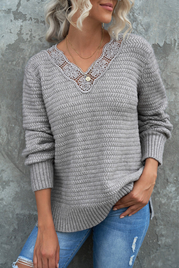 Chic Gray Lace Scalloped V-Neck Side Split Loose Sweater