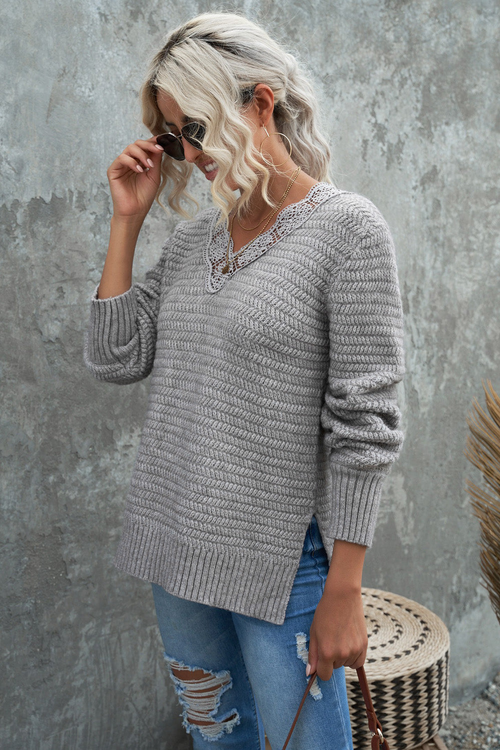 Chic Gray Lace Scalloped V-Neck Side Split Loose Sweater