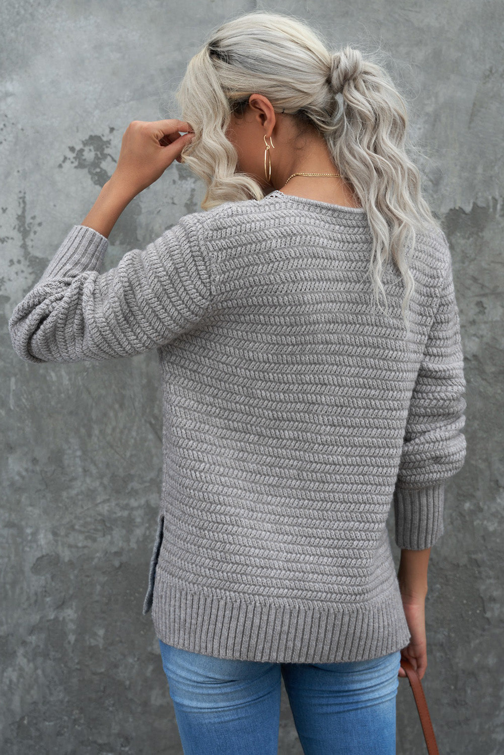 Chic Gray Lace Scalloped V-Neck Side Split Loose Sweater