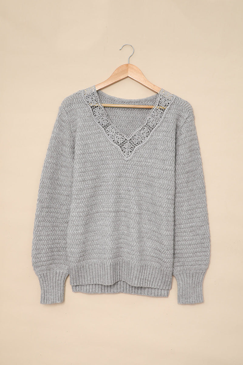 Chic Gray Lace Scalloped V-Neck Side Split Loose Sweater