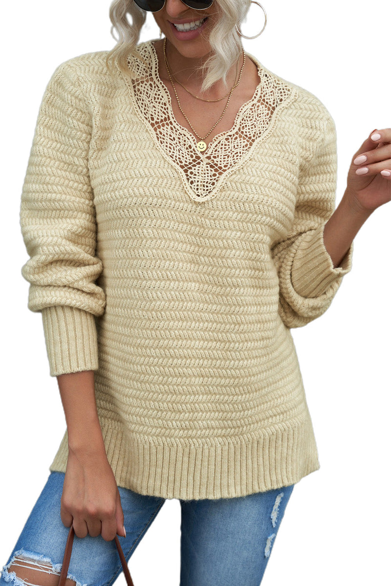 Chic Beige Lace Scalloped V-Neck Side Split Loose Sweater