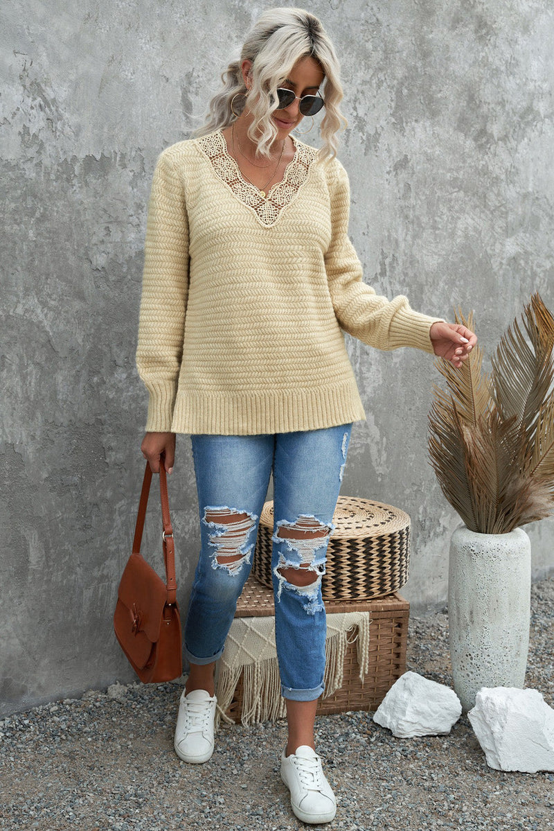 Chic Beige Lace Scalloped V-Neck Side Split Loose Sweater