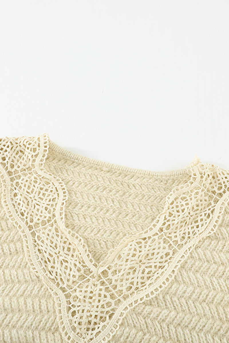 Chic Beige Lace Scalloped V-Neck Side Split Loose Sweater