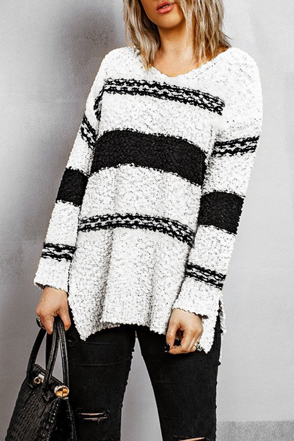 White Black Striped V Neck Long Sleeve Knitted Sweater