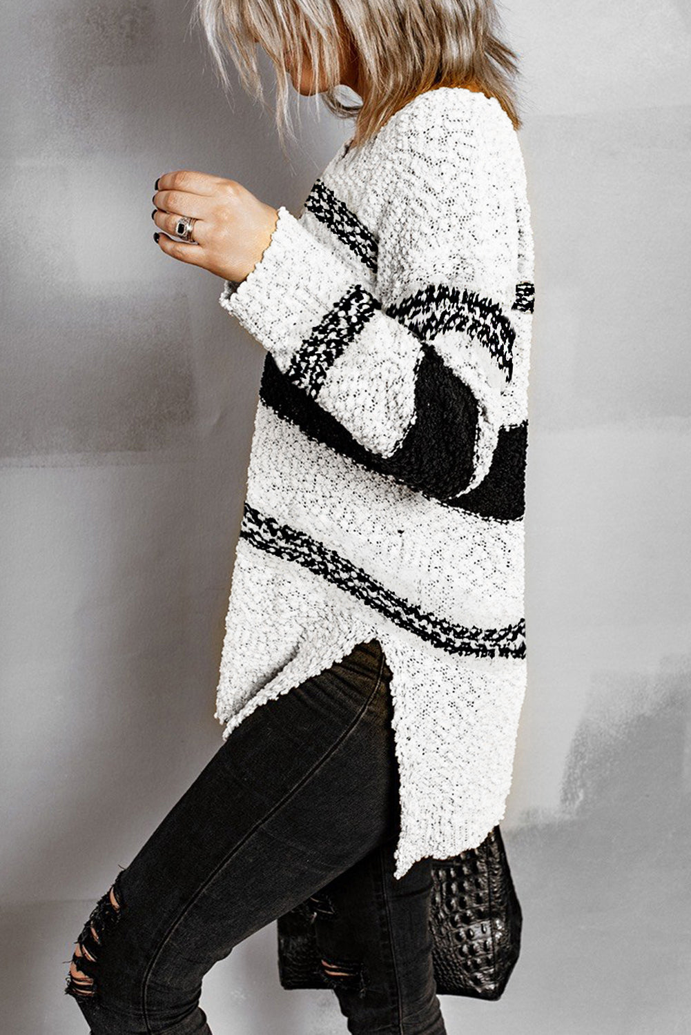 White Black Striped V Neck Long Sleeve Knitted Sweater