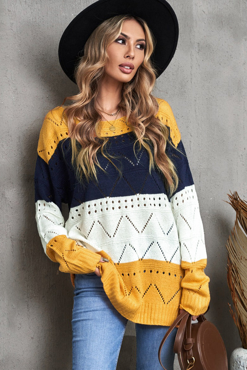 Casual Yellow Round Neck Side Slit Pointelle Color Block Sweater