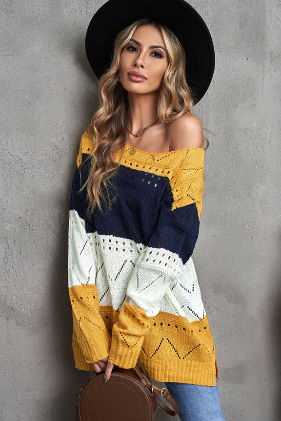 Casual Yellow Round Neck Side Slit Pointelle Color Block Sweater