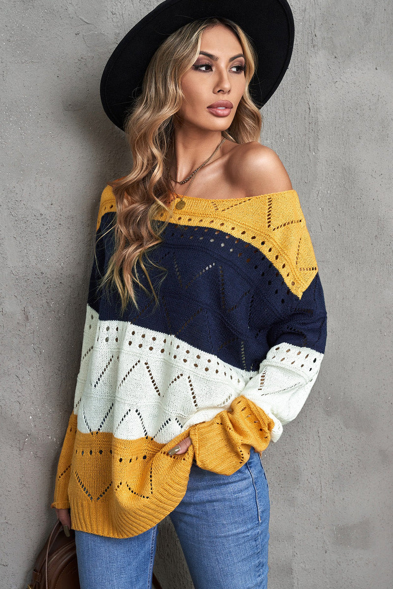 Casual Yellow Round Neck Side Slit Pointelle Color Block Sweater