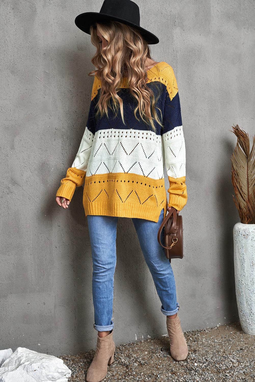 Casual Yellow Round Neck Side Slit Pointelle Color Block Sweater