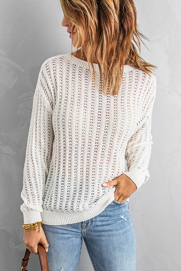 White Hollow-out Drop Shoulder Knitted Sweater