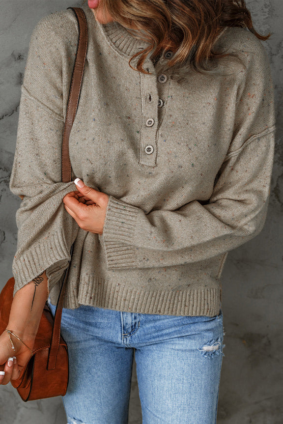 Khaki Buttoned V Neck Colorful Pilling Sweater