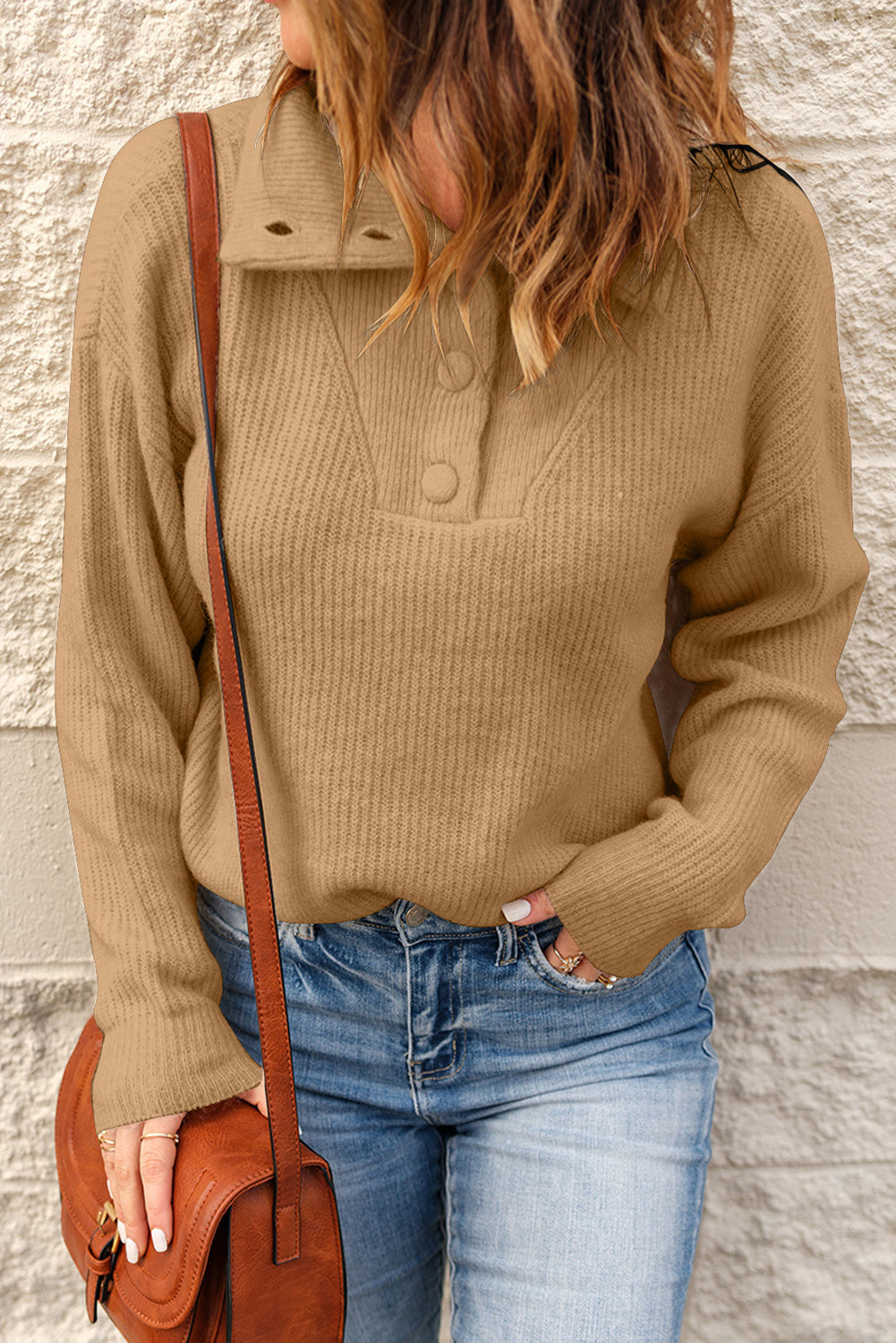 Khaki Buttoned Turn Down Collar Comfy Ribbed Sweater