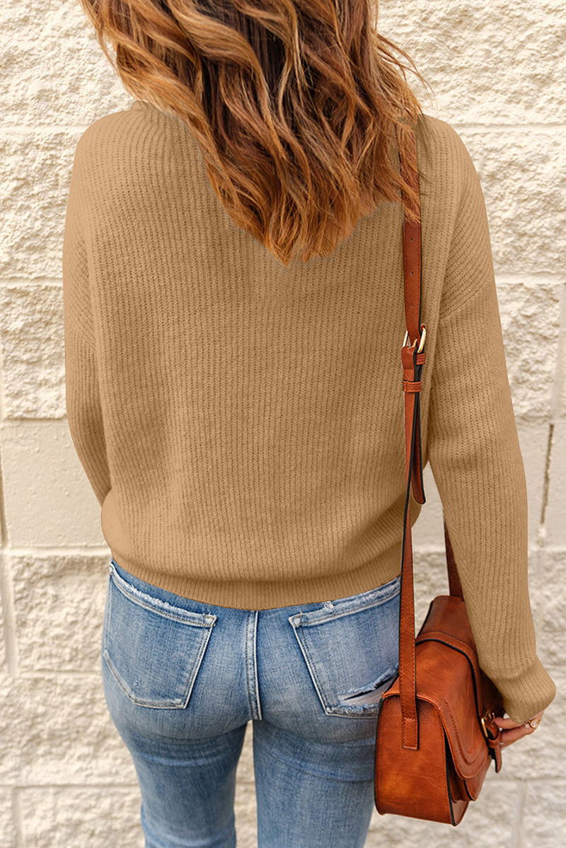 Khaki Buttoned Turn Down Collar Comfy Ribbed Sweater