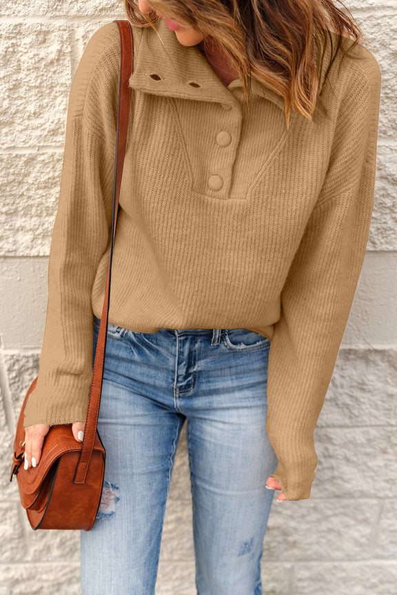 Khaki Buttoned Turn Down Collar Comfy Ribbed Sweater