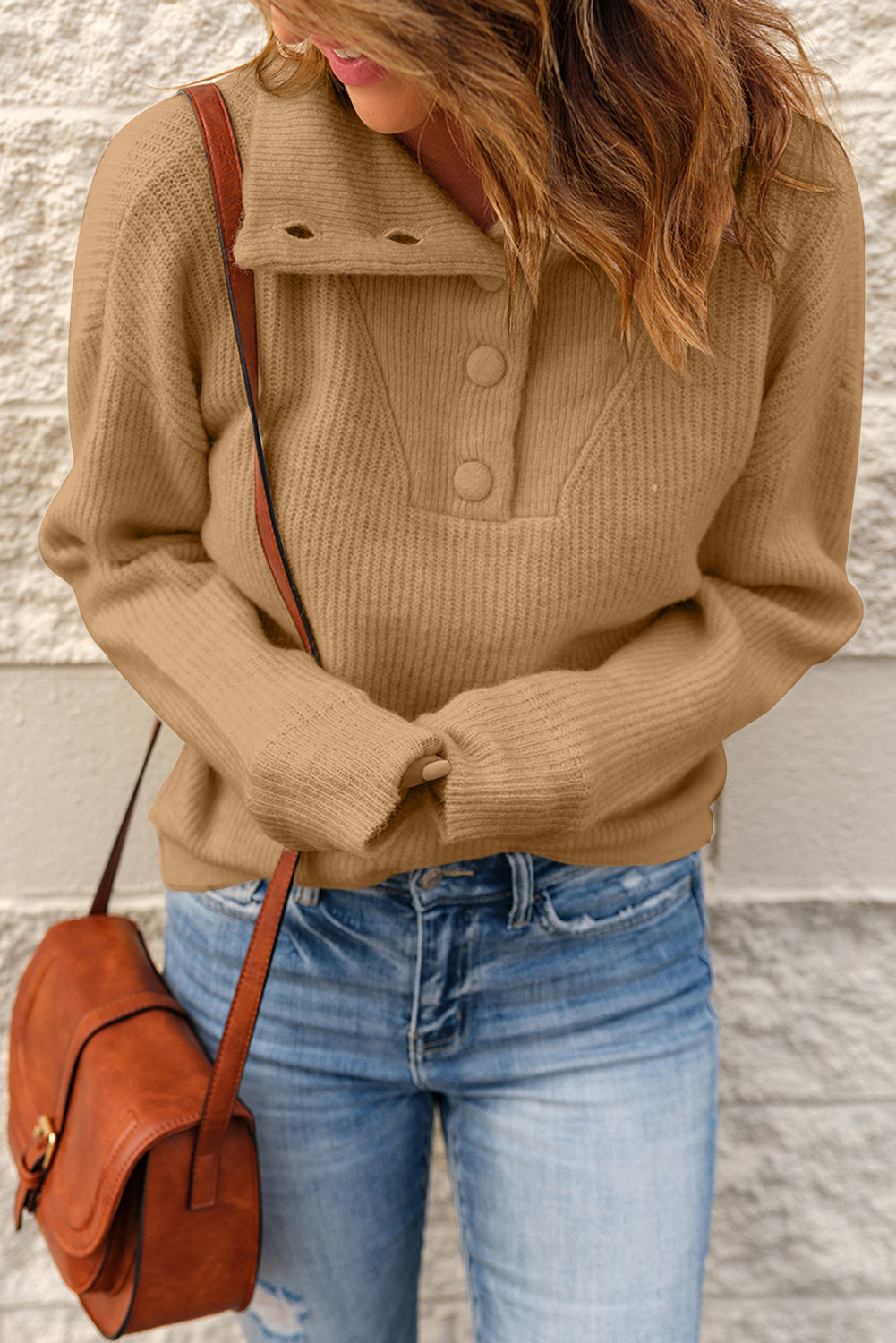 Khaki Buttoned Turn Down Collar Comfy Ribbed Sweater