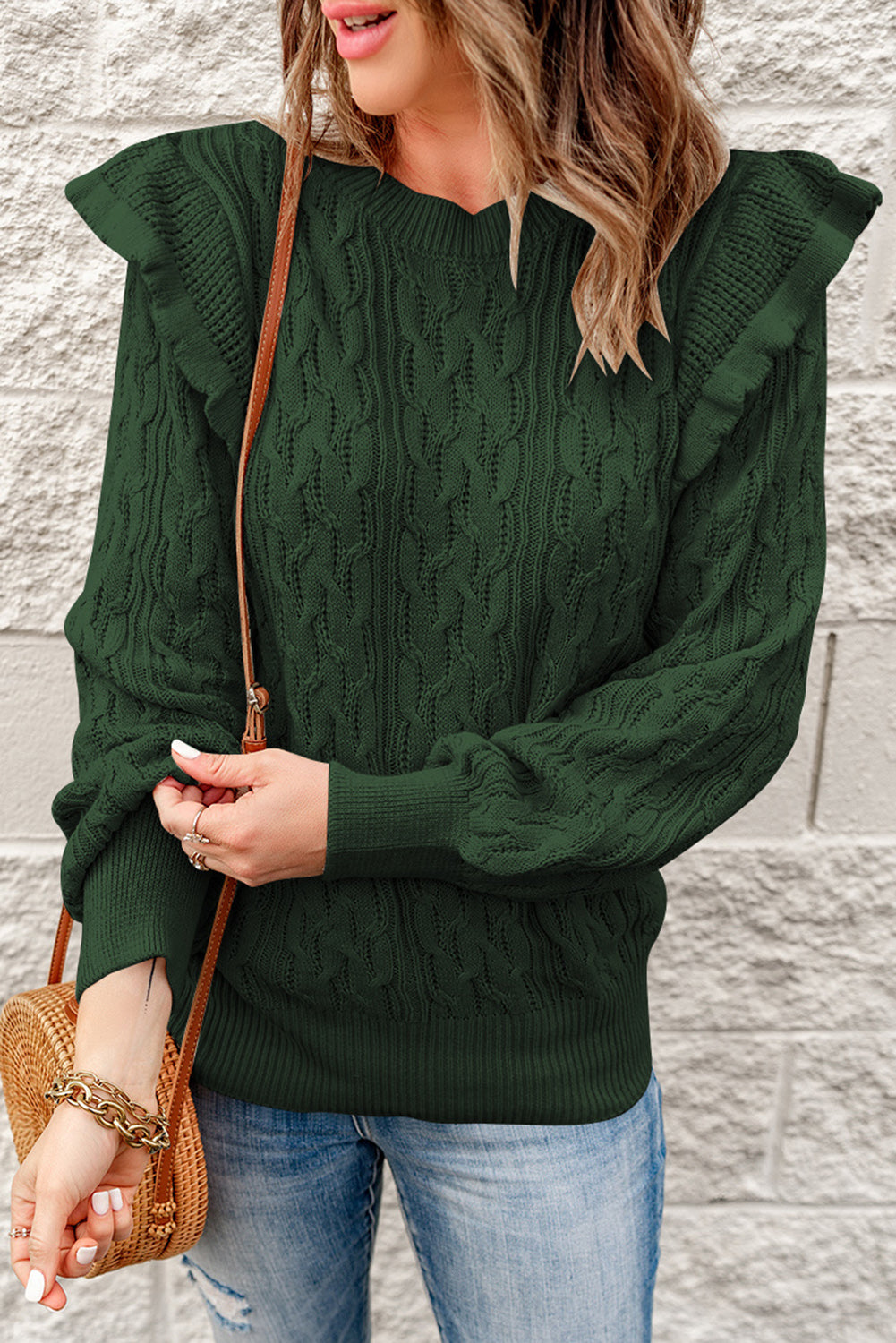 Chic Green Frilled Shoulder Detail Cable Knit Sweater