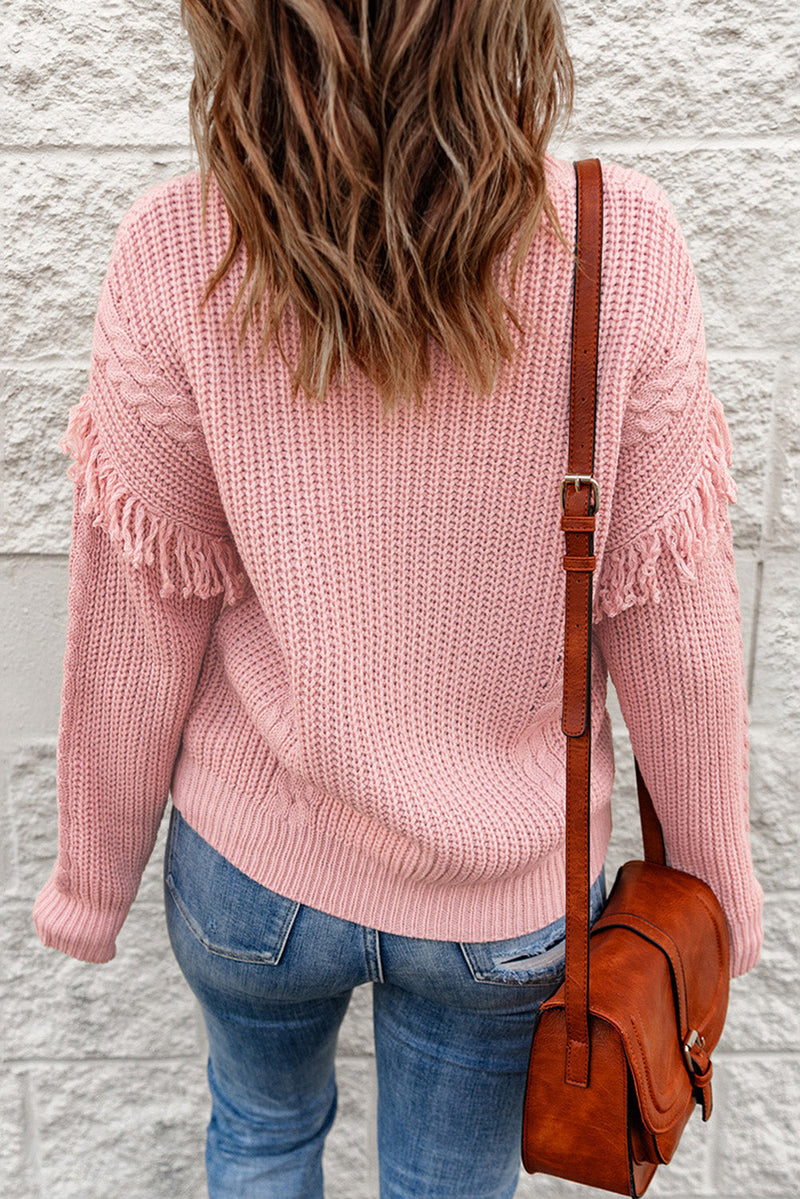 Pink Mixed Textures Fringe High Neck Sweater