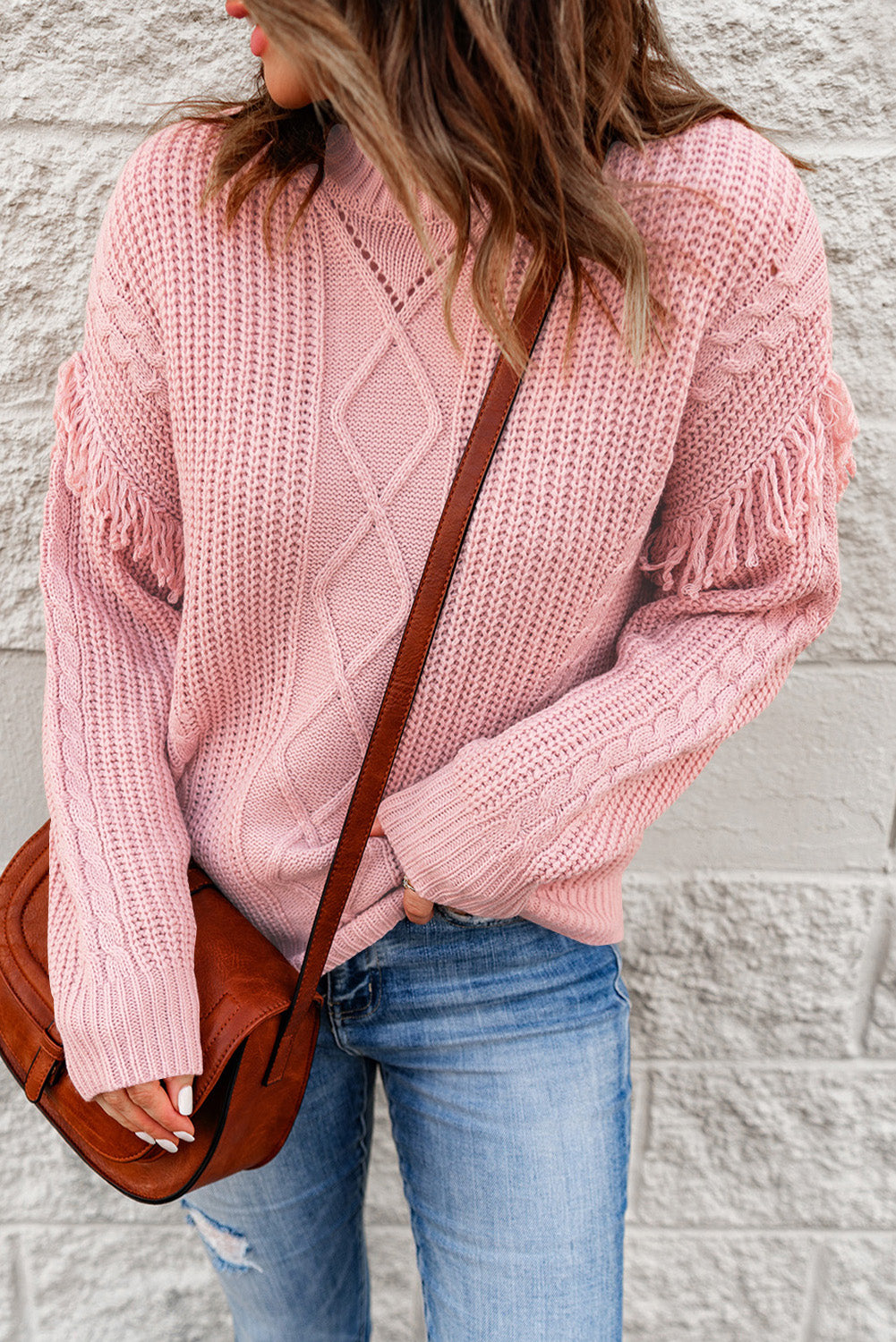 Pink Mixed Textures Fringe High Neck Sweater