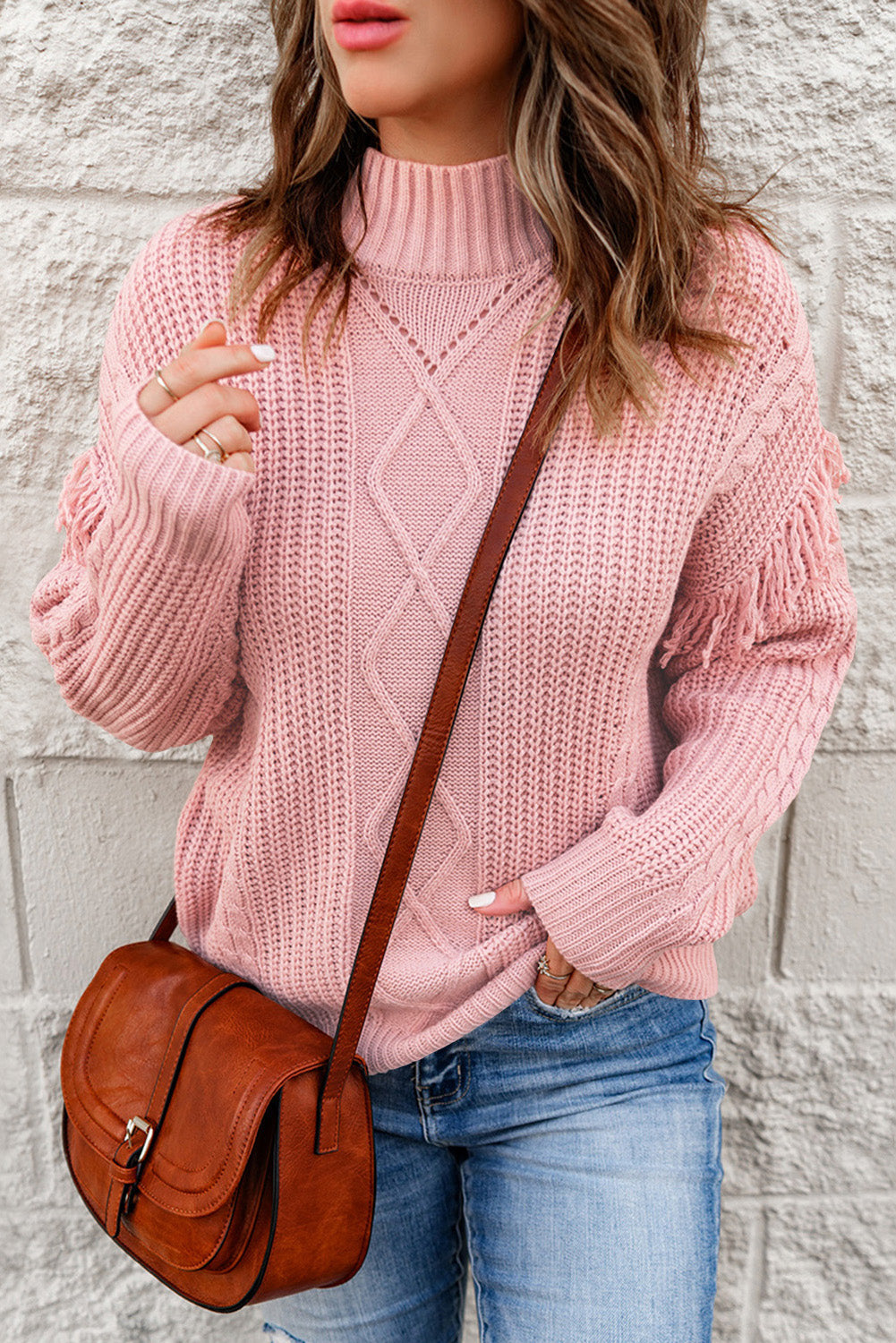 Pink Mixed Textures Fringe High Neck Sweater