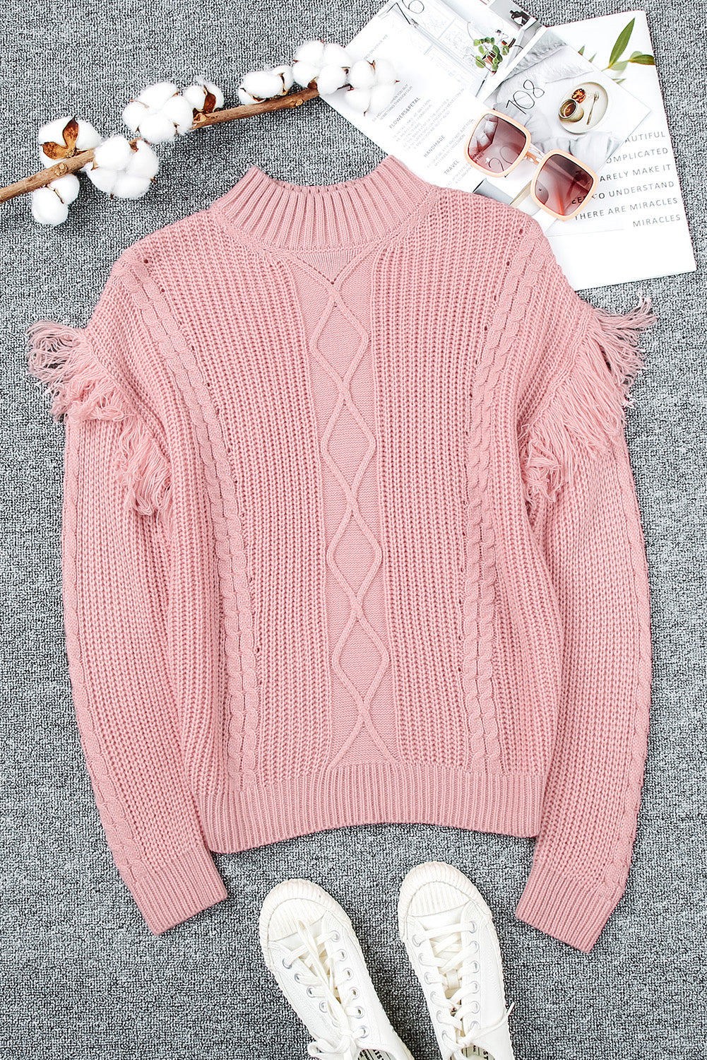 Pink Mixed Textures Fringe High Neck Sweater