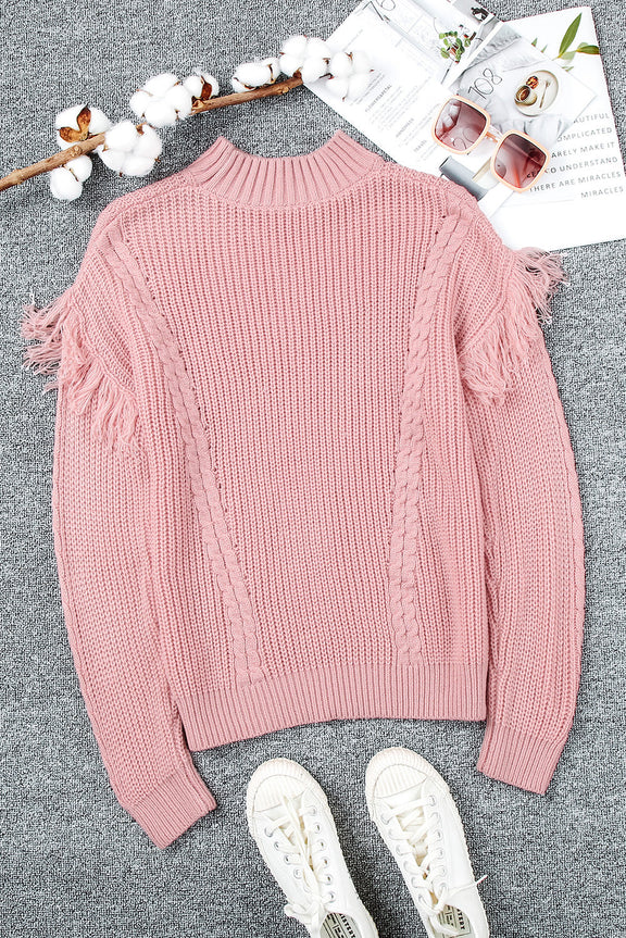 Pink Mixed Textures Fringe High Neck Sweater