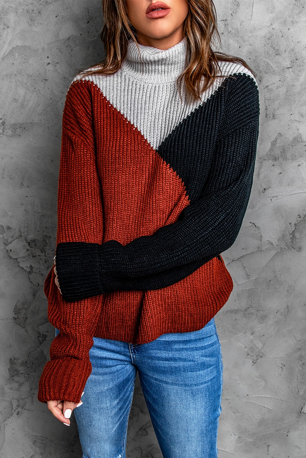 Winter Black Color Block Drop Shoulder Turtleneck Sweater