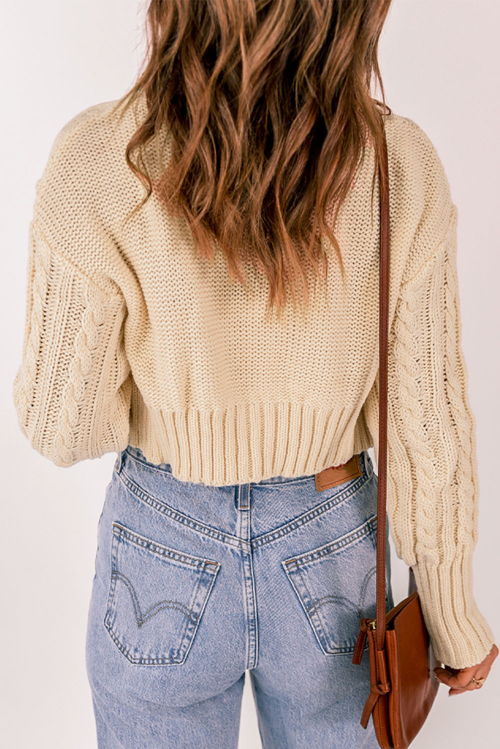 Two-piece Apricot Cable Knit Crop Cardigan With Camisole