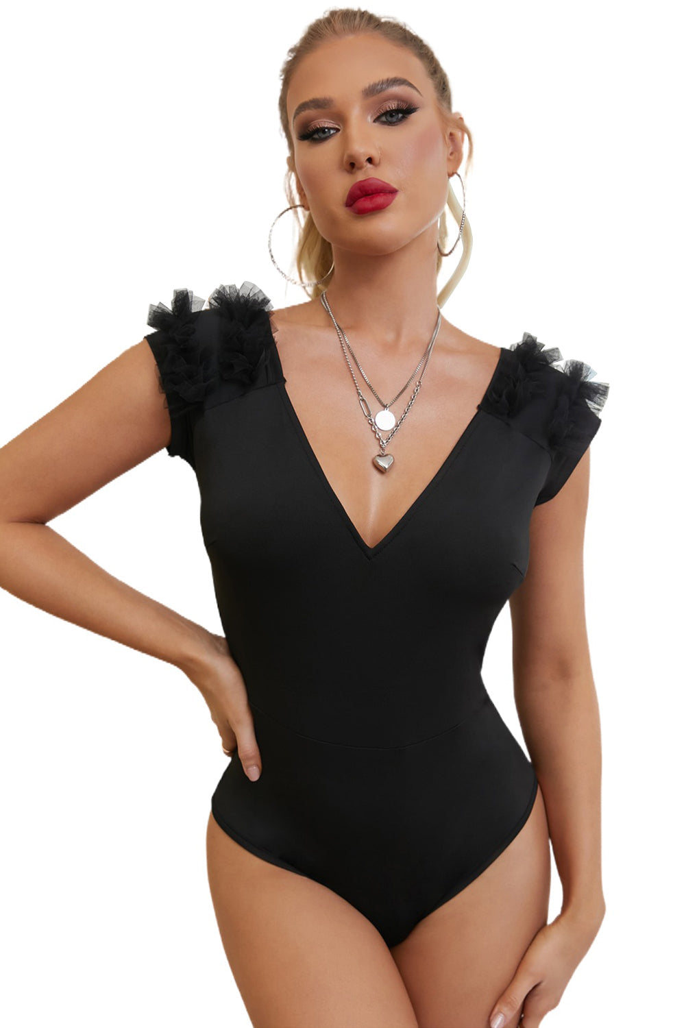 Black V Neck Mesh Patch Sleeve Bodysuit