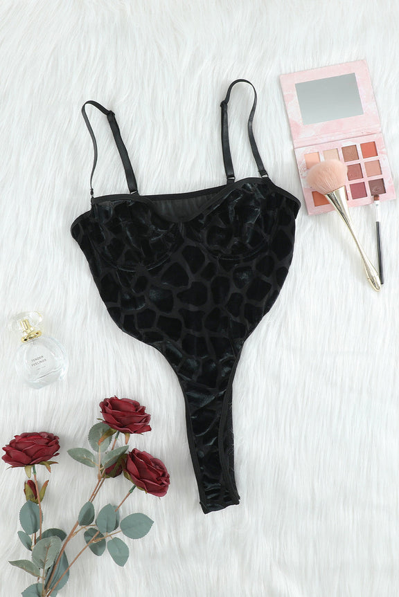 Black Pattern Print Spaghetti Strap Mesh Sheer Bodysuit