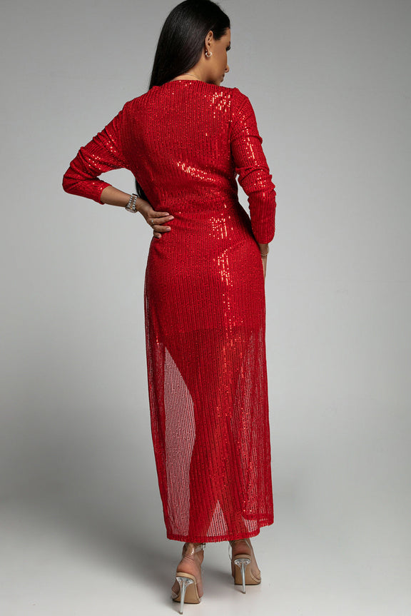 Red Sequined Georgette Wrapped Slit Long Sleeve Party Dress