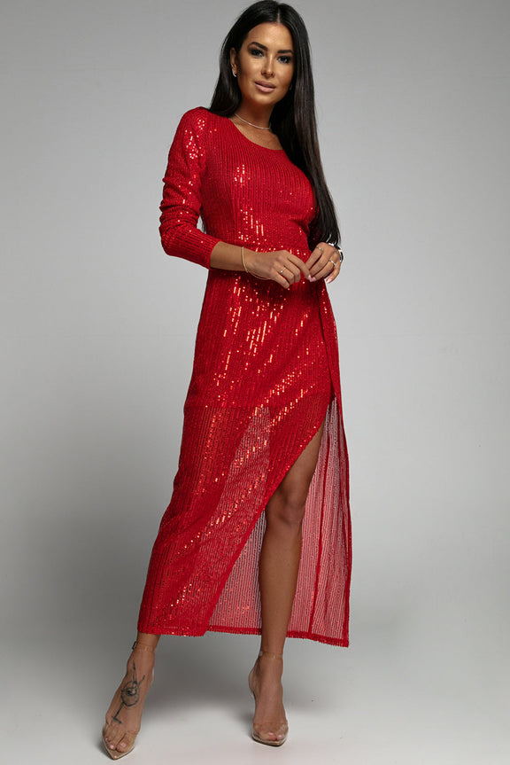 Red Sequined Georgette Wrapped Slit Long Sleeve Party Dress