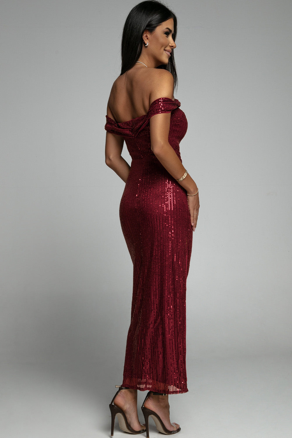 Red Off Shoulder Side Slit Bodycon Sequin Party Dress