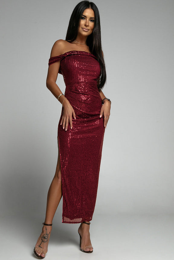 Red Off Shoulder Side Slit Bodycon Sequin Party Dress