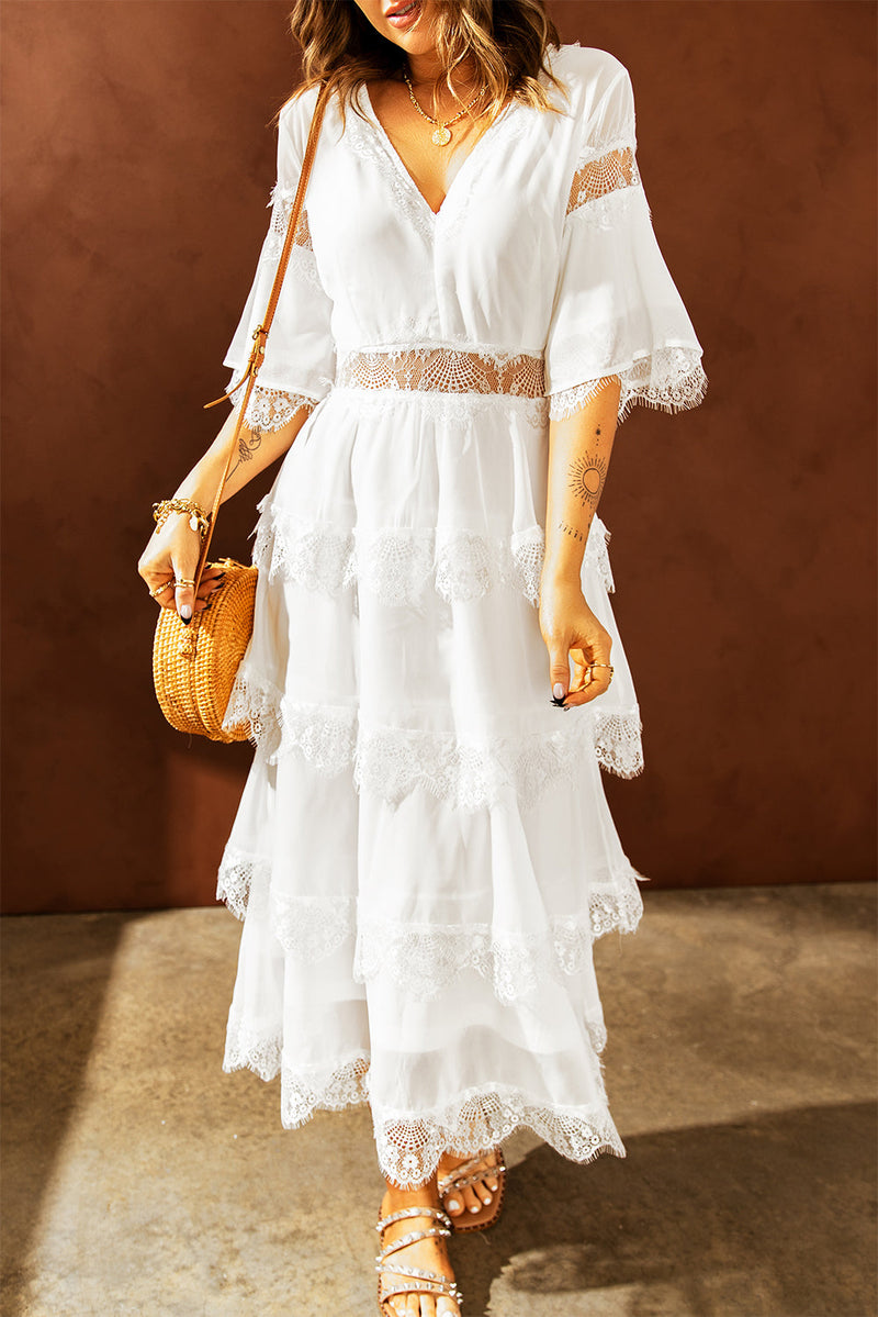 Chic White Lace Patch Layered Long Dress