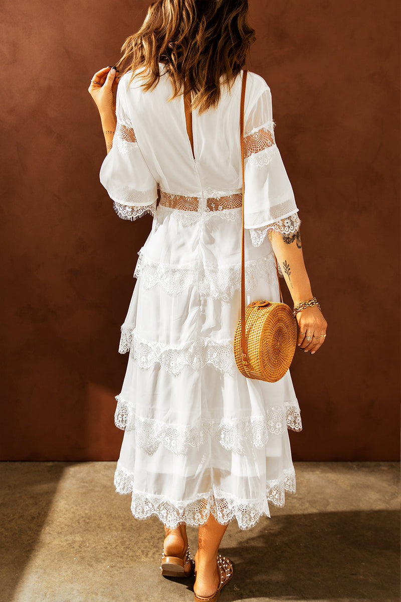 Chic White Lace Patch Layered Long Dress