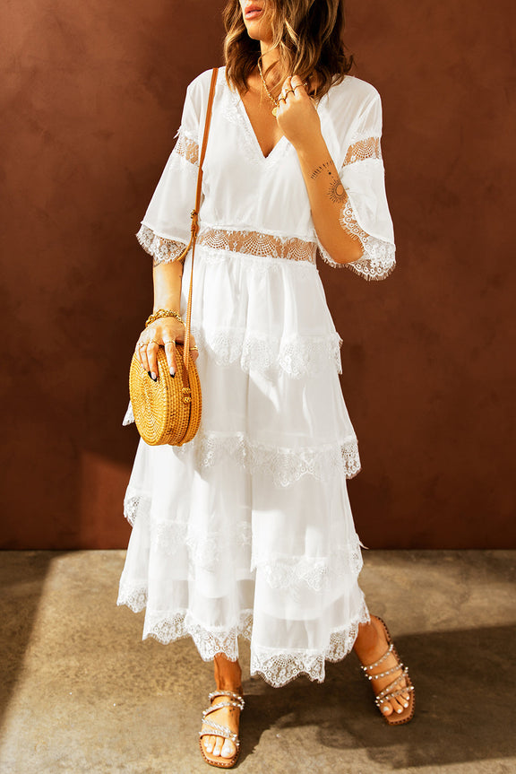 Chic White Lace Patch Layered Long Dress