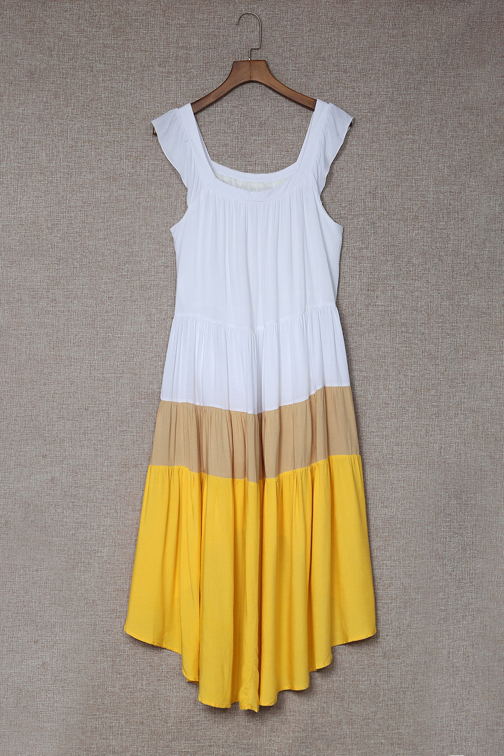 Yellow High Low Tiered Colorblock Square Collar Midi Dress