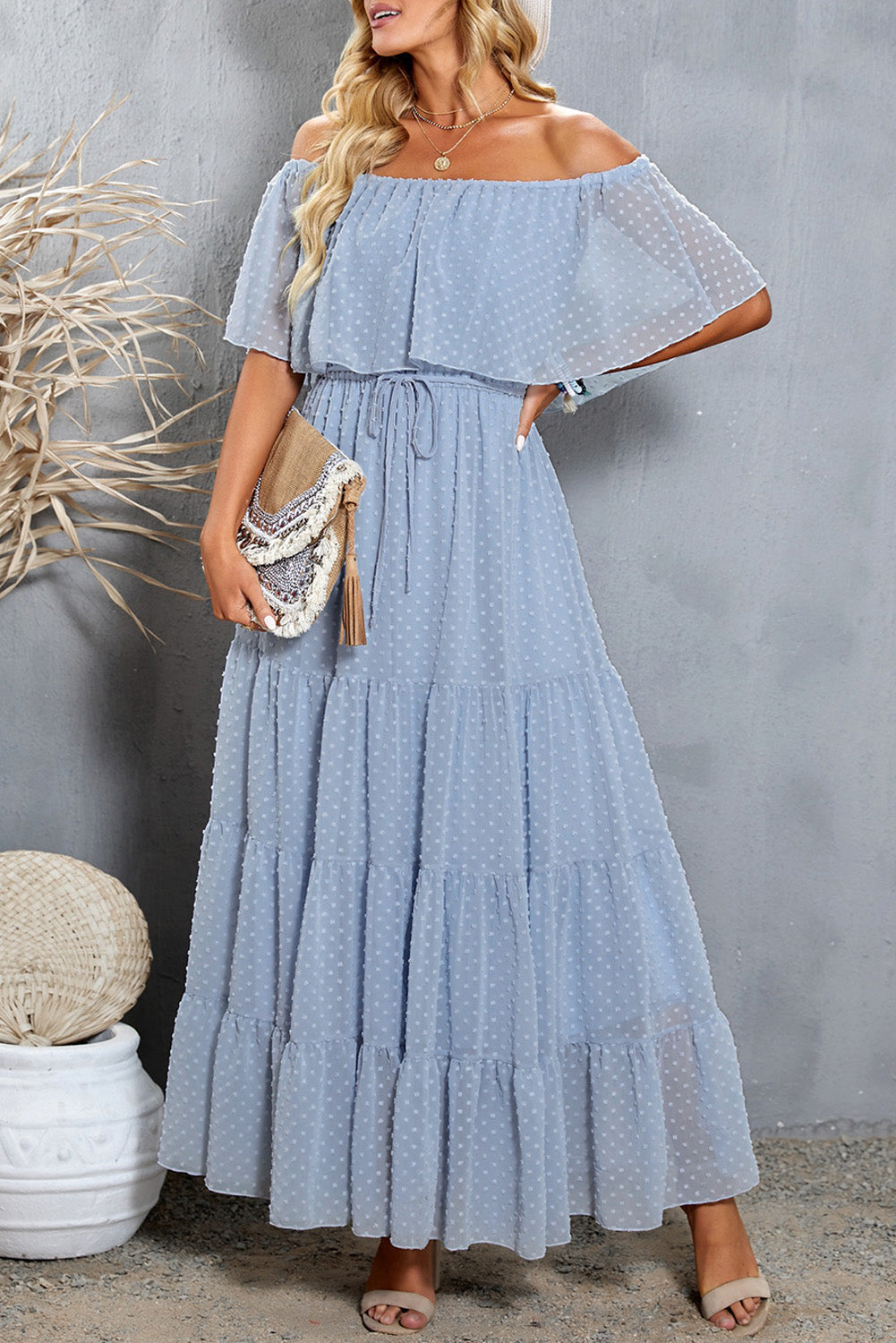 Elegant Sky Blue Off Shoulder Ruffle Swiss Dot Maxi Dress