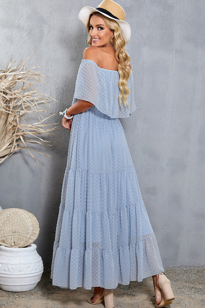 Elegant Sky Blue Off Shoulder Ruffle Swiss Dot Maxi Dress