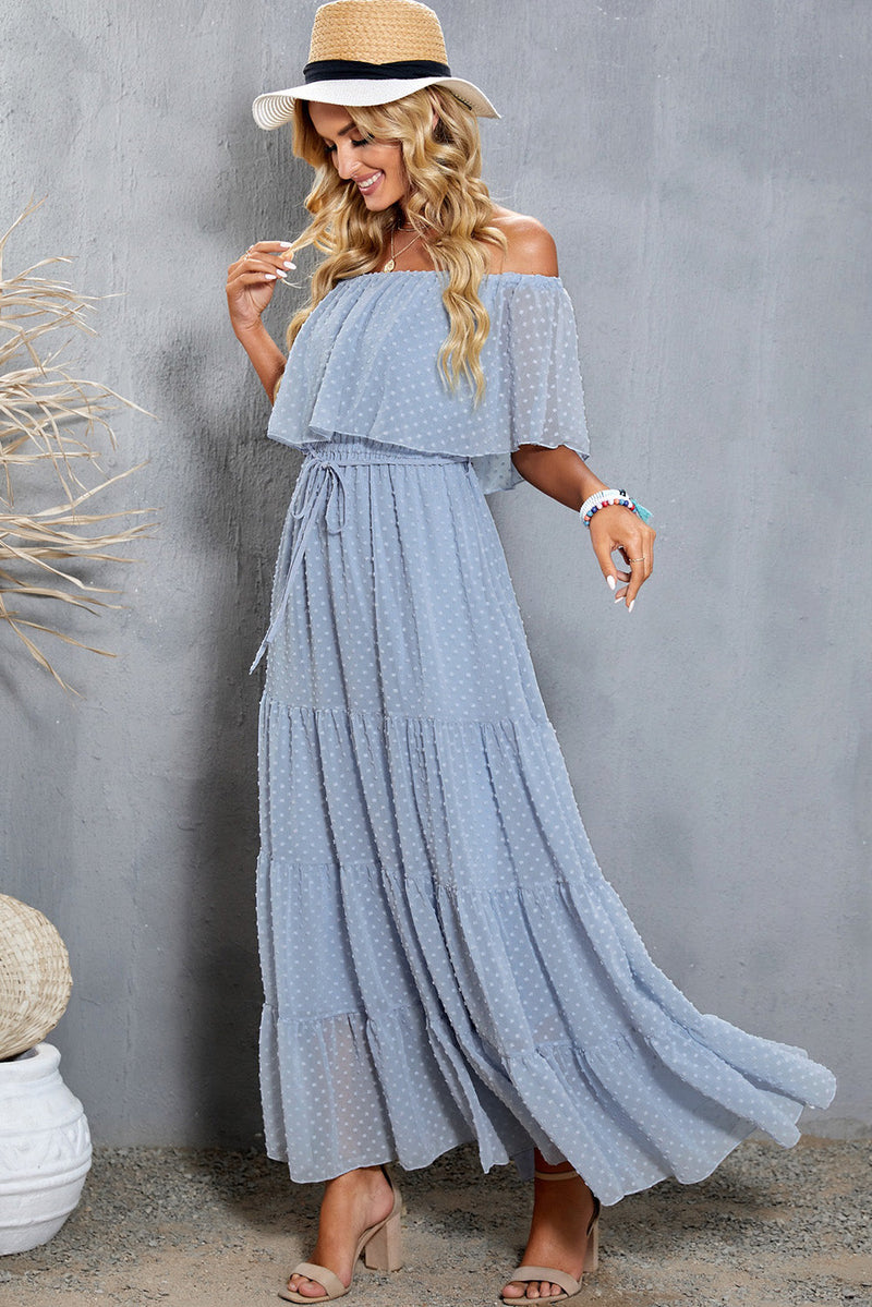 Elegant Sky Blue Off Shoulder Ruffle Swiss Dot Maxi Dress