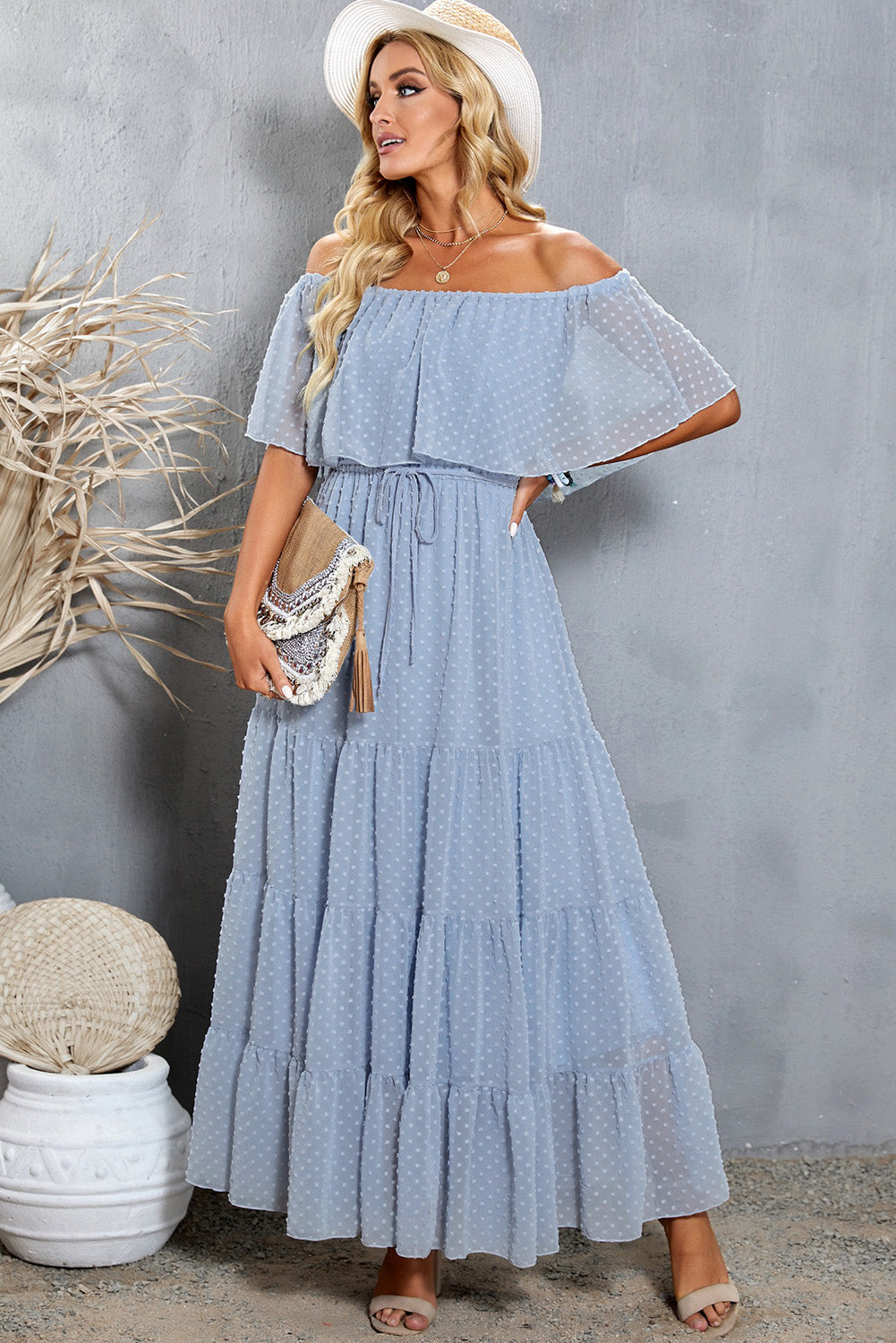 Elegant Sky Blue Off Shoulder Ruffle Swiss Dot Maxi Dress