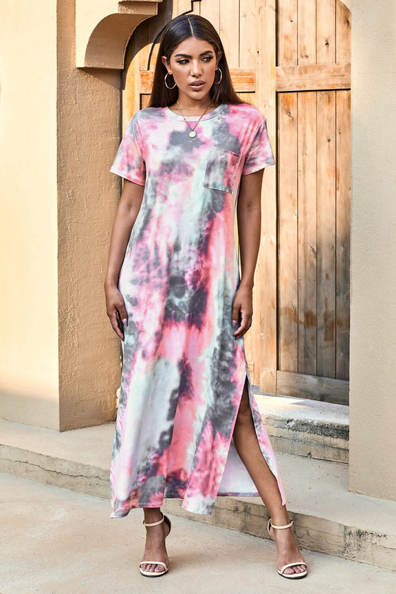 Casual Gray Tie Dye Short Sleeve Slit Maxi Dress