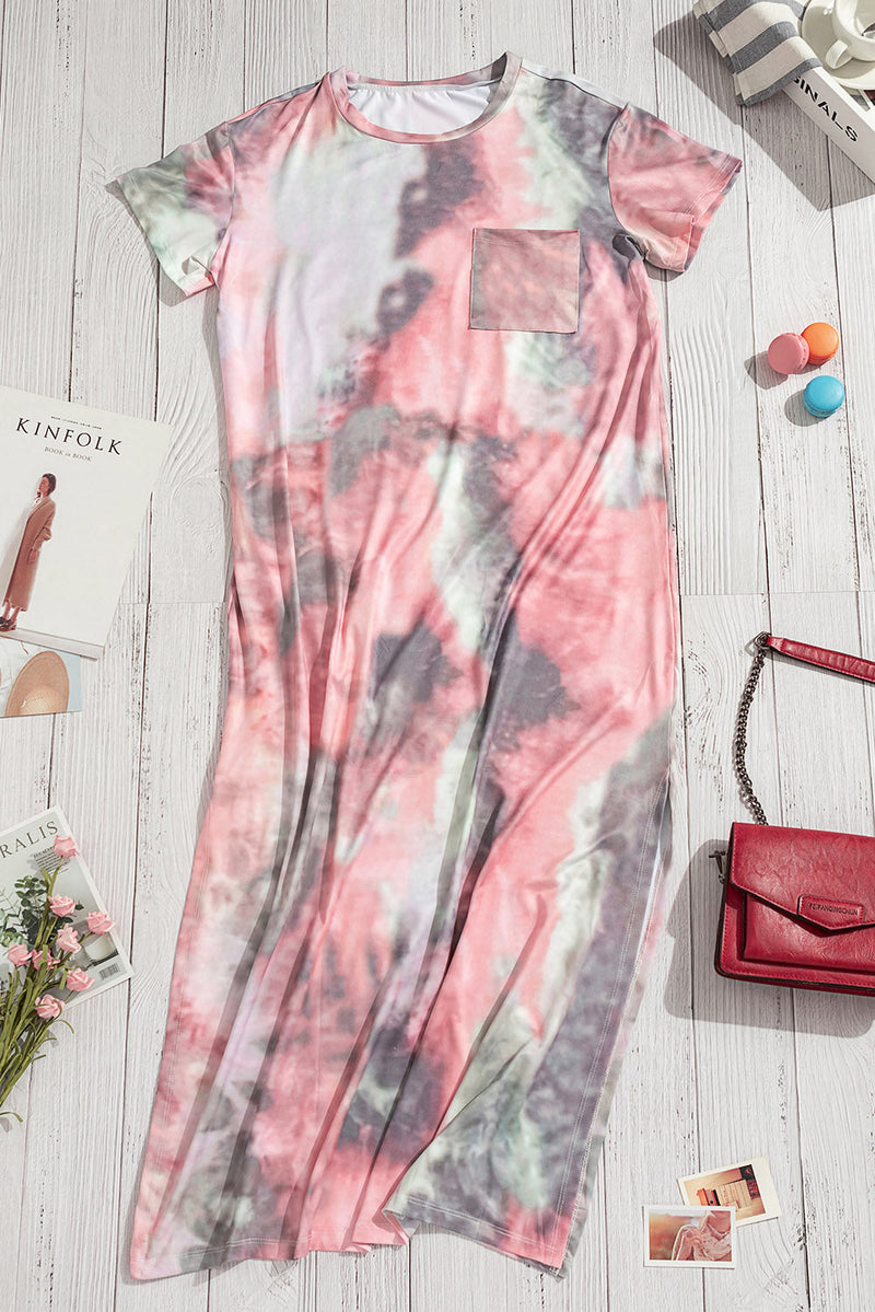 Casual Gray Tie Dye Short Sleeve Slit Maxi Dress