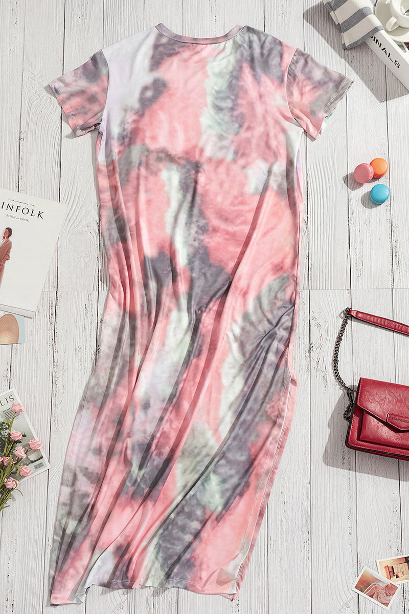 Casual Gray Tie Dye Short Sleeve Slit Maxi Dress