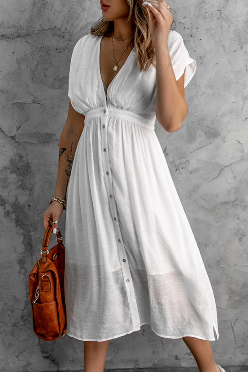 White Buttons Front Solid Deep V Neck Midi Dress