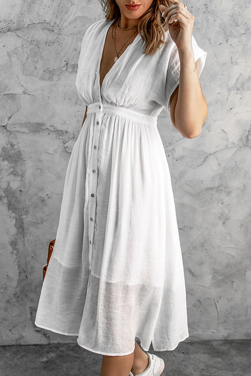 White Buttons Front Solid Deep V Neck Midi Dress