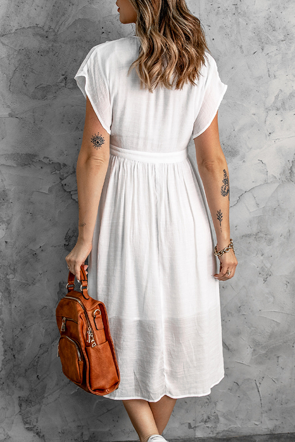 White Buttons Front Solid Deep V Neck Midi Dress